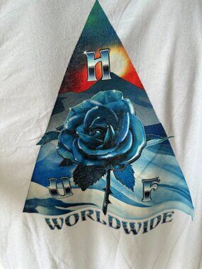 HUF Worldwide Blue Rose Design Men's White T Shirt Size 2XL XXL